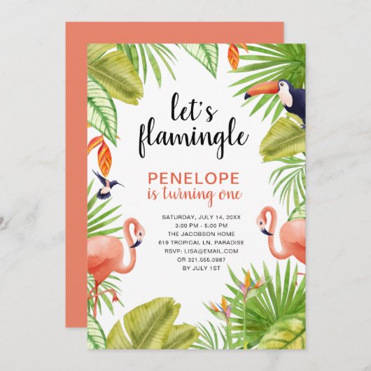 Invitation Flamant rose tropical Aquarelle Premier anniversai (Devant / Derrière)