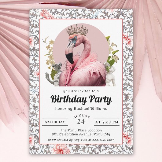 Invitation Flamant rose tropical avec fête d'anniversaire de