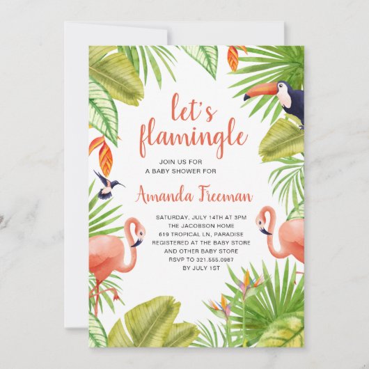 Invitation Flamant rose tropical Baby shower fille aquarelle (Devant)