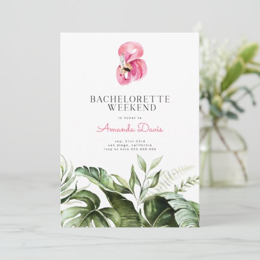 Invitation Flamant rose tropical Bachelorette Week-end Itinér (Debout devant)