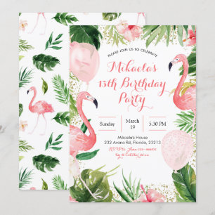 Invitation Flamant rose tropical Bleu rose pâle