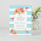 Invitation Flamant rose Tropical Blue Stripe Baby shower (Debout devant)