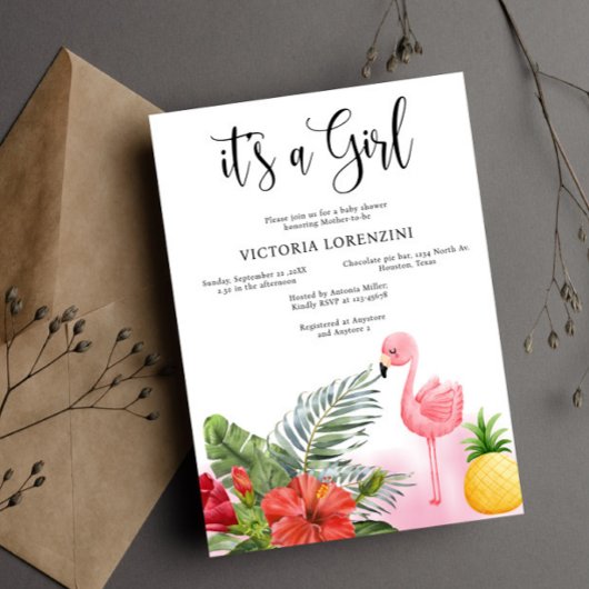 Invitation Flamant rose Tropical C'est une fille Baby shower