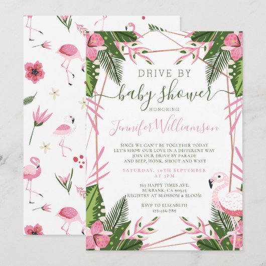 Invitation Flamant rose Tropical Conduit Par Baby shower (Devant / Derrière)