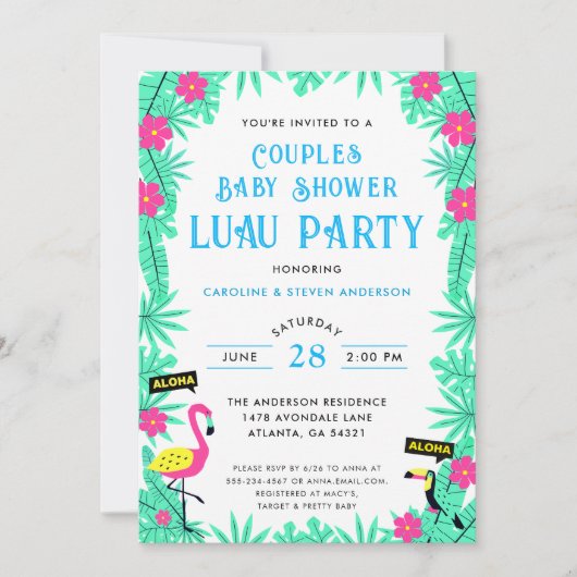 Invitation Flamant rose tropical Couples Baby shower Luau Blu (Devant)