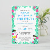 Invitation Flamant rose tropical Couples Baby shower Luau Blu (Debout devant)