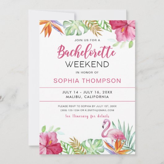 Invitation Flamant rose tropical d'été Bachelorette Invitatio (Devant)