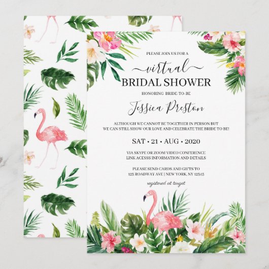 Invitation Flamant rose tropical et Fête des mariées florale (Devant / Derrière)