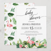 Invitation Flamant rose tropical Feuille Baby shower de scrip (Devant / Derrière)