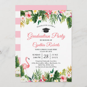 Invitation Flamant rose Tropical Feuilles Floral Graduation P