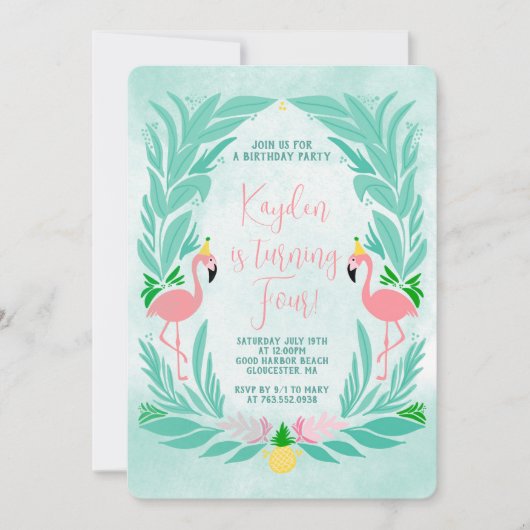 Invitation Flamant rose Tropical Girls - Flamingle fête d'ann (Devant)