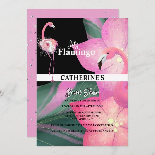 Invitation Flamant rose tropical glam fleuri nuptiale (Devant / Derrière)