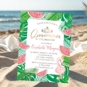 Invitation Flamant Rose Tropical Palmier Pastèque