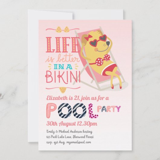 Invitation Flamant rose tropical PISCINE FÊTE Bikini rose Fil (Devant)