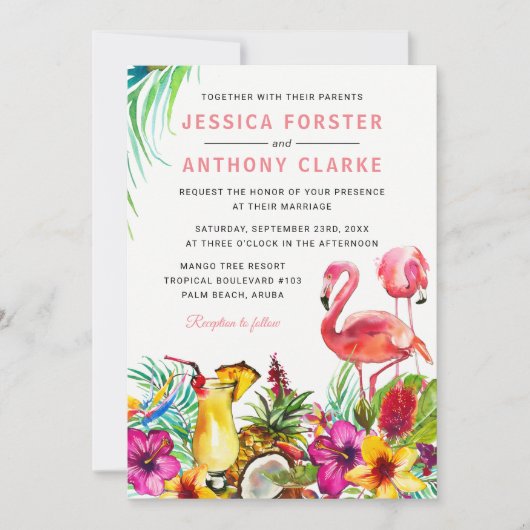 Invitation Flamant rose tropical Plage Destination Mariage (Devant)
