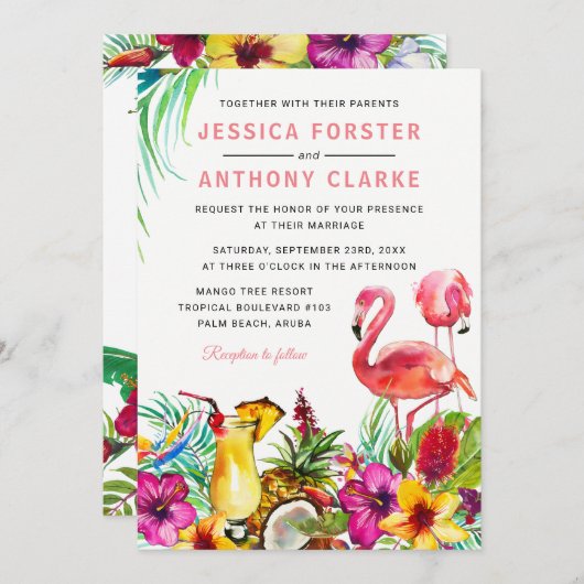 Invitation Flamant rose tropical Plage Destination Mariage (Devant / Derrière)