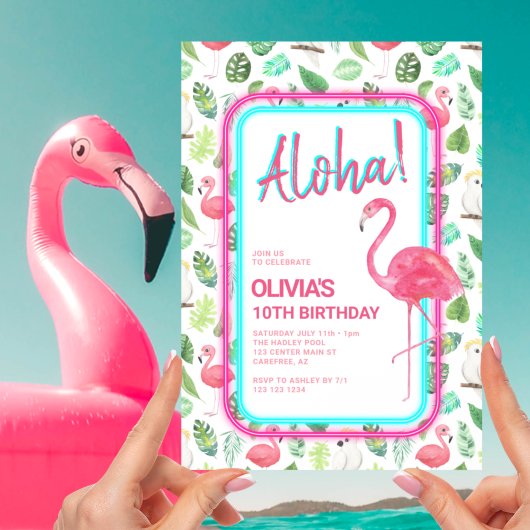 Invitation Flamant rose tropical rose Aloha Anniversaire