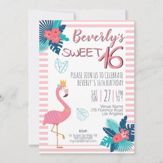 Invitation Flamant rose tropical rose et bleu floral 16e (Devant)