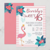 Invitation Flamant rose tropical rose et bleu floral 16e (Devant / Derrière)