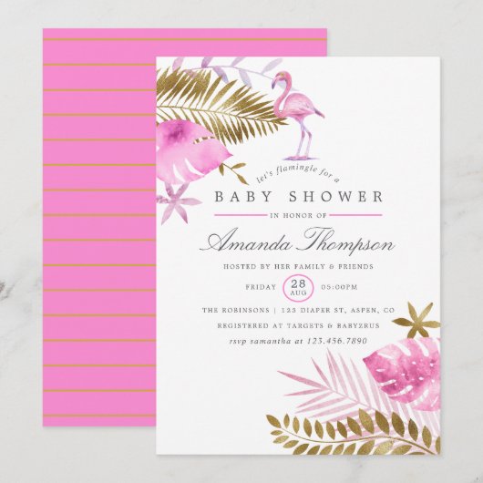 Invitation Flamant rose Tropical rose et or Baby shower fille (Devant / Derrière)