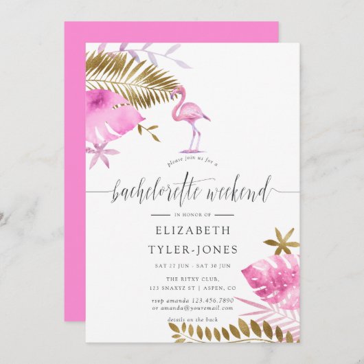 Invitation Flamant rose Tropical Rose et Or Bachelorette Part (Devant / Derrière)