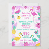 Invitation Flamant rose Tropical Rose Turquoise Palms Anniver (Dos)