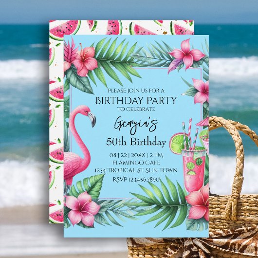 Invitation Flamant rose tropical Watermelon fête d'anniversai