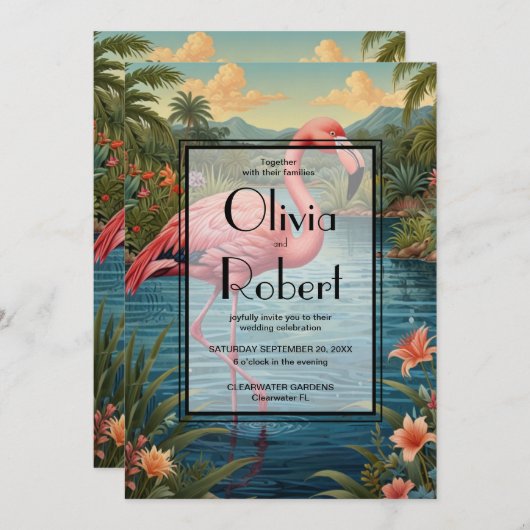 Invitation flamant rose tropicale rétro (Devant / Derrière)
