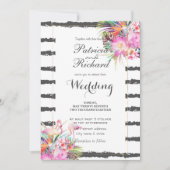 Invitation Flamants floraux tropicaux rayures design mariage (Devant)