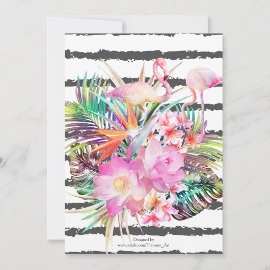 Invitation Flamants floraux tropicaux rayures design mariage (Dos)