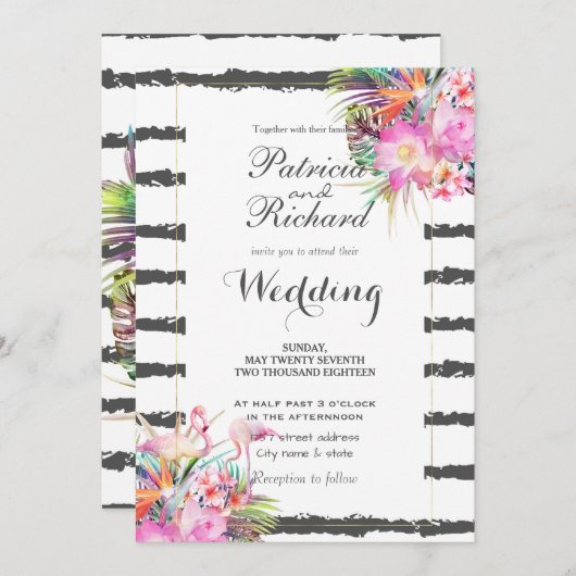 Invitation Flamants floraux tropicaux rayures design mariage (Devant / Derrière)