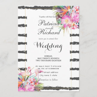 Invitation Flamants floraux tropicaux rayures design mariage