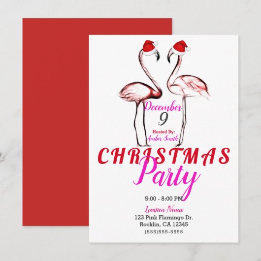 Invitation Flamants roses avec chapeaux de Père Noël Fête de  (Devant / Derrière)