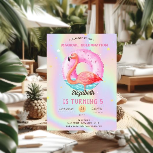 Invitation Flamants roses cool Pool Float holographique