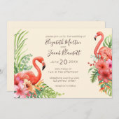 Invitation Flamants roses d'aquarelle tropicale et Mariage d' (Devant / Derrière)
