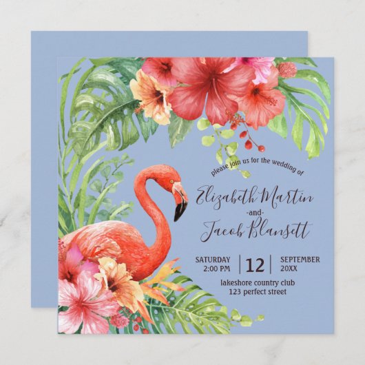 Invitation Flamants roses d'aquarelle tropicale et Mariage d' (Devant / Derrière)