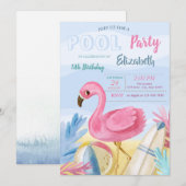 Invitation Flamants roses de fête de la piscine fête d'annive (Devant / Derrière)