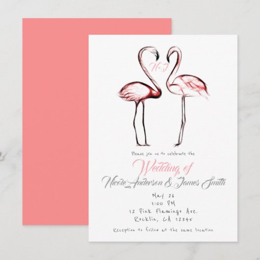 Invitation Flamants Roses Élégants Mariage Peach (Devant / Derrière)