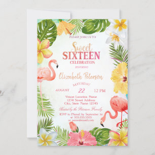 Invitation Flamants roses en plastique Fête de 16 ans Fleurs
