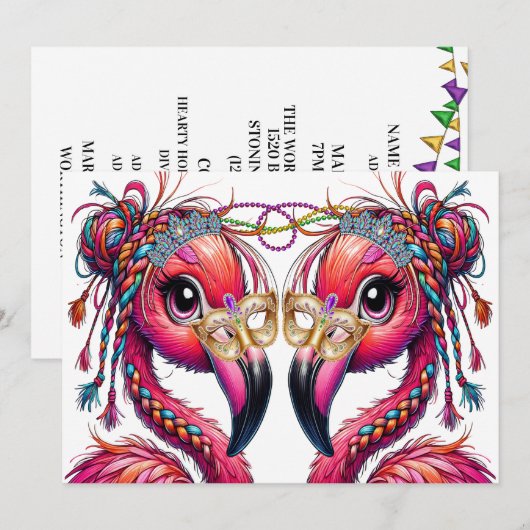 Invitation Flamants roses Flaunty précieux (Devant / Derrière)