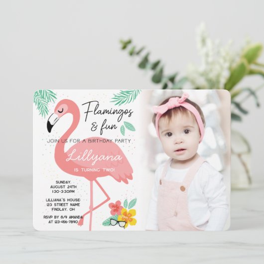 Invitation Flamants roses & Fun Tropical Birthday Photo, N'Im (Debout devant)