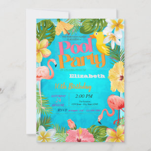 Invitation Flamants roses Piscine à fleurs tropicales Anniver