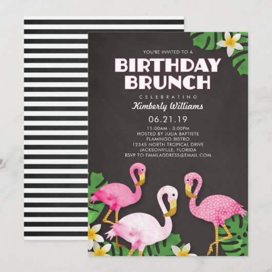 Invitation Flamants roses roses Anniversaire Brunch Chalkboar (Devant / Derrière)