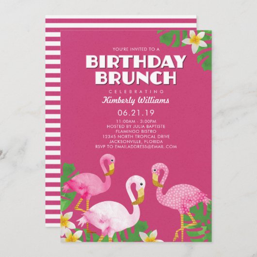 Invitation Flamants roses roses Brunch Fuchsia (Devant / Derrière)