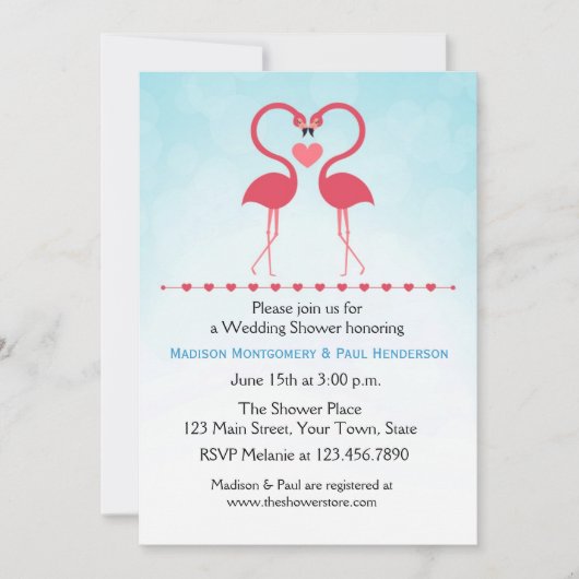 Invitation Flamants roses roses, coeur, Fête de l'mariée de c (Devant)