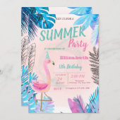 Invitation Flamants roses roses mignonettes bleu feuille de p (Devant / Derrière)