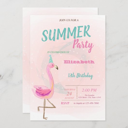 Invitation Flamants roses roses mignons Fête d'été (Devant / Derrière)