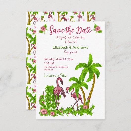 Invitation Flamants tropicaux et fleurs Enregistrez la date d (Devant / Derrière)