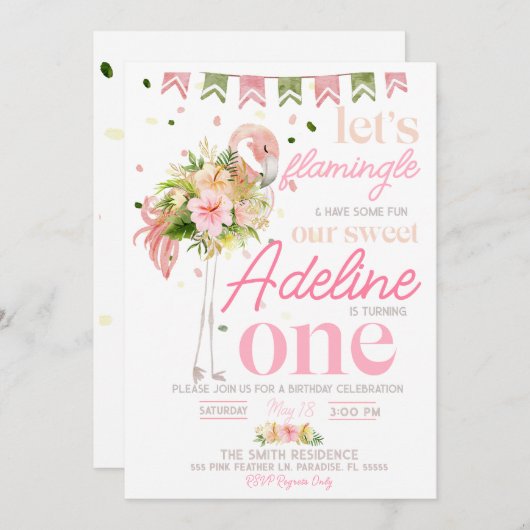 Invitation Flamingle 1er anniversaire Invitation, Flamant ros (Devant / Derrière)