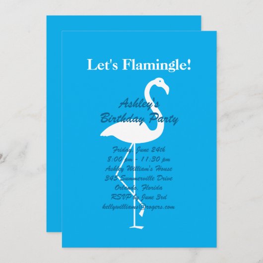 Invitation Flamingle Anniversaire - Bleu (Devant / Derrière)